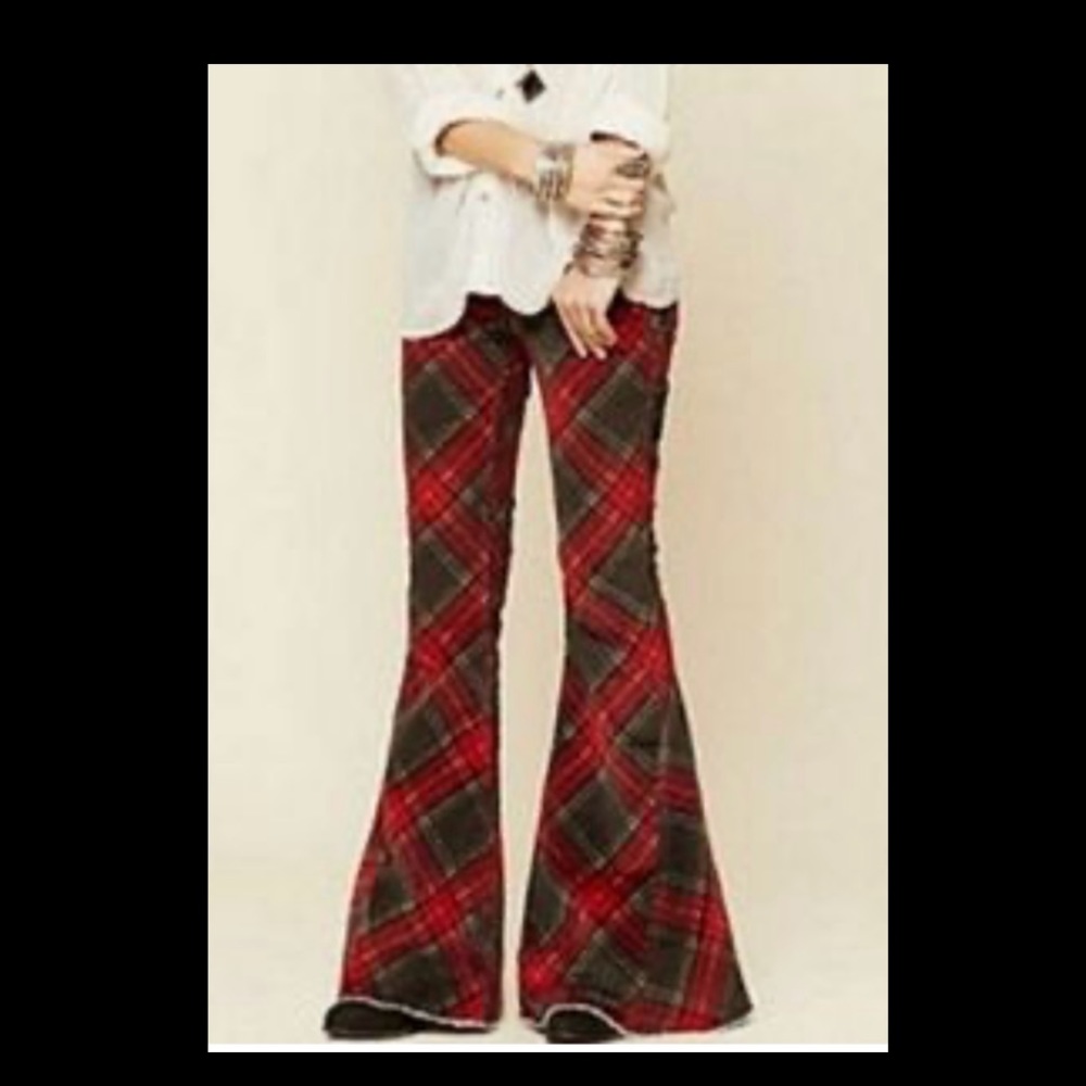 Free people cord plaid tartan retro flair bell bottoms pants